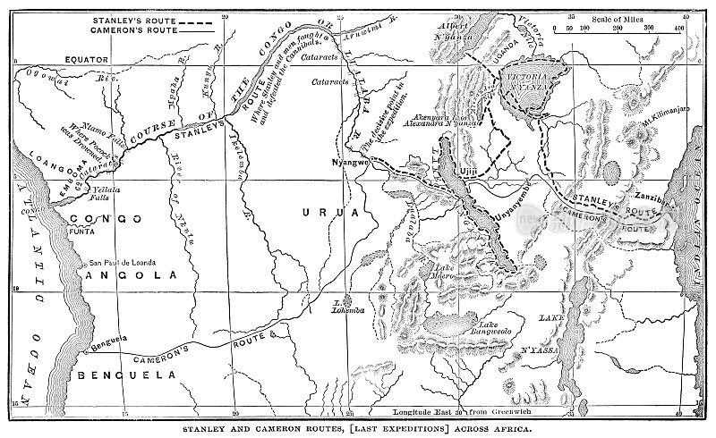 显示亨利・莫顿・斯坦利和韦尔尼・洛维特・卡梅隆路线的中非地图――19世纪