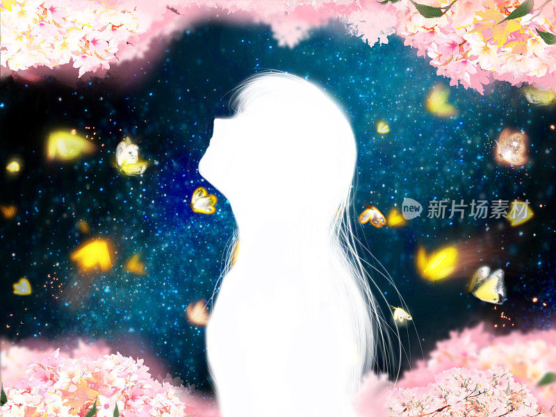 樱花盛开的夜晚，悲伤的青春描绘了一个女孩的剪影，她的长发在春风中飘扬，星空背景。