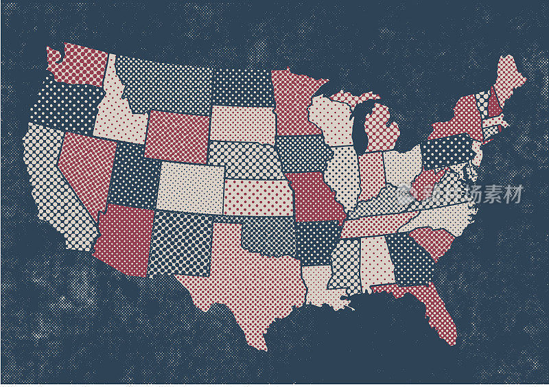 美国各州地图与半色调点纹理调蓝色和红色