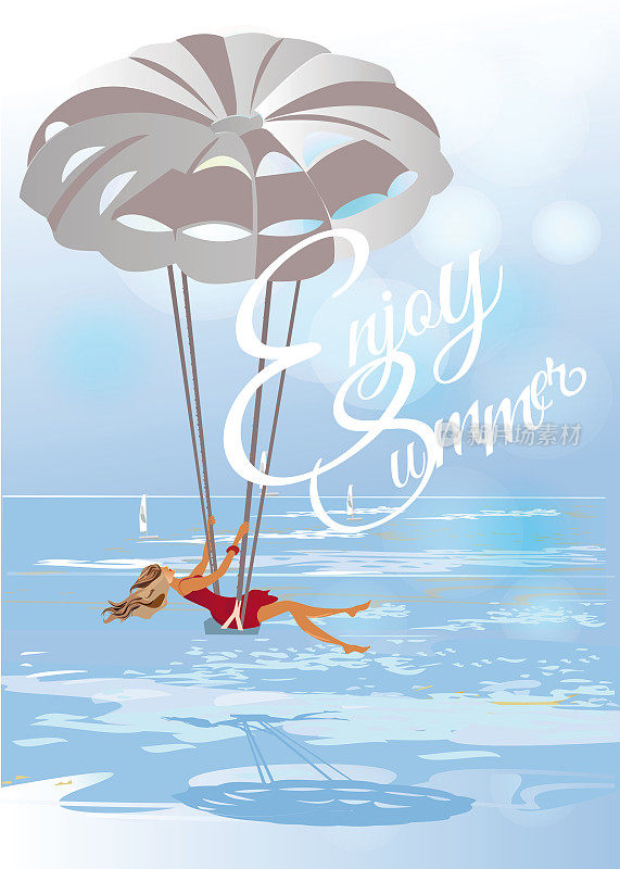 系列夏季背景与夏季活动:女孩滑翔伞在海浪。