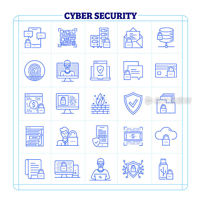 网络安全细线矢量图标集。