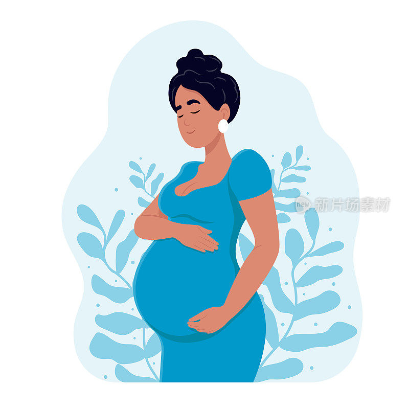 期待做母亲的女人母亲节。快乐的孕妇抱着自己的肚子。