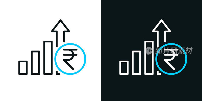 印度卢比加息。黑色或白色背景上的双色线图标-可编辑的笔画
