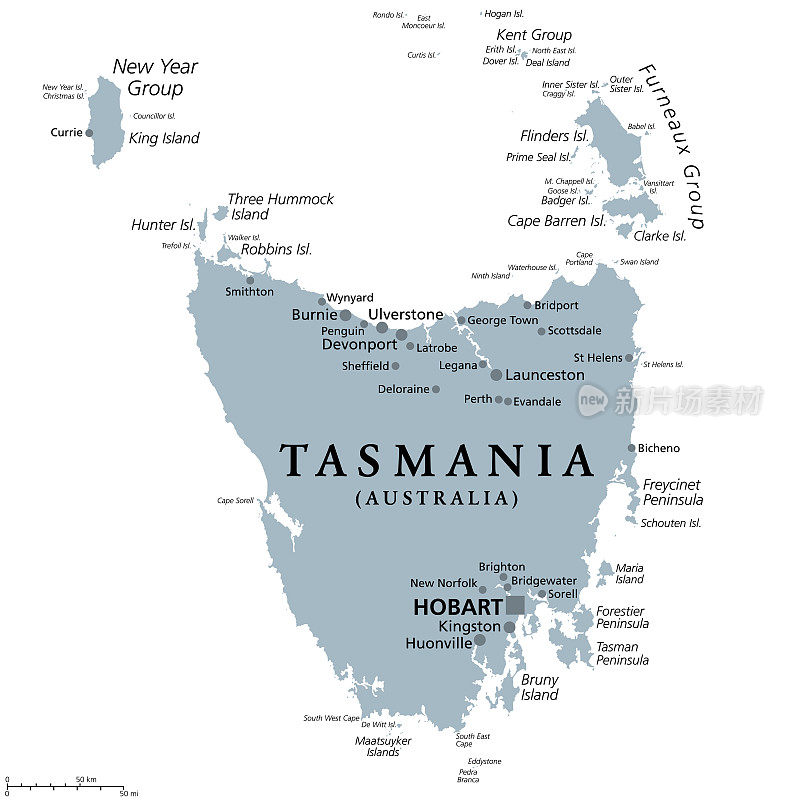 塔斯马尼亚，澳大利亚的岛屿州，灰色政治地图