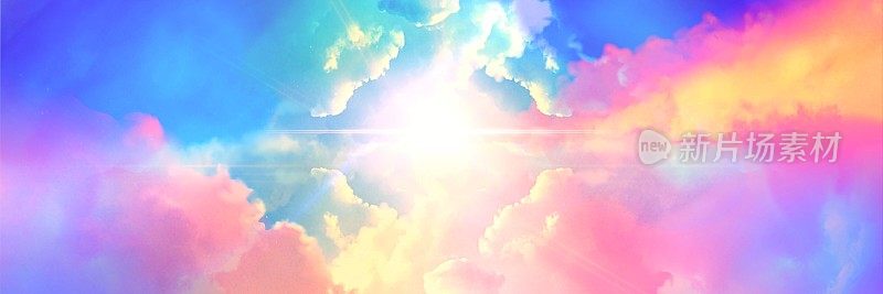 大尺寸的景观插图，一个美丽的天堂入口，透过彩虹色的云，神圣地闪耀着。