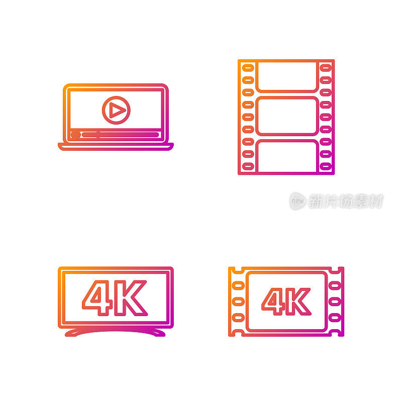 集4k电影，磁带，帧，屏幕电视与4k超高清视频技术，在线播放视频和播放视频。渐变颜色图标。向量