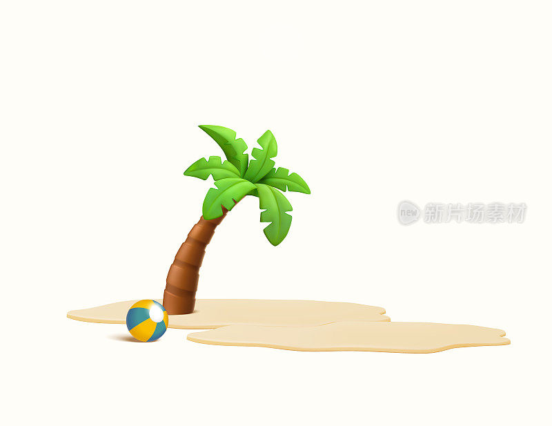 3d椰子或棕榈树与沙滩排球，沙子，孤立的白色背景。概念旅游横幅，假期，夏季，度假，静修，旅游，海岛，度假村，预订。三维矢量插图。