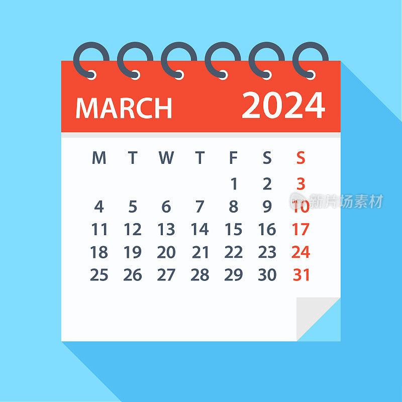 2024年3月-日历。一周从周一开始