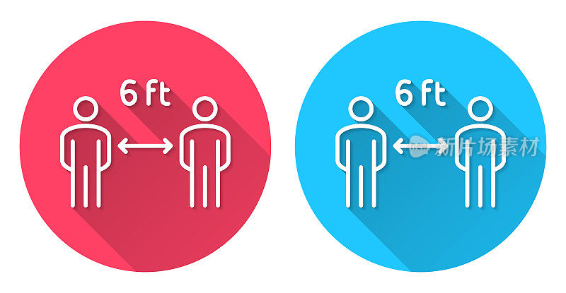 社交距离――6英尺。圆形图标与长阴影在红色或蓝色的背景