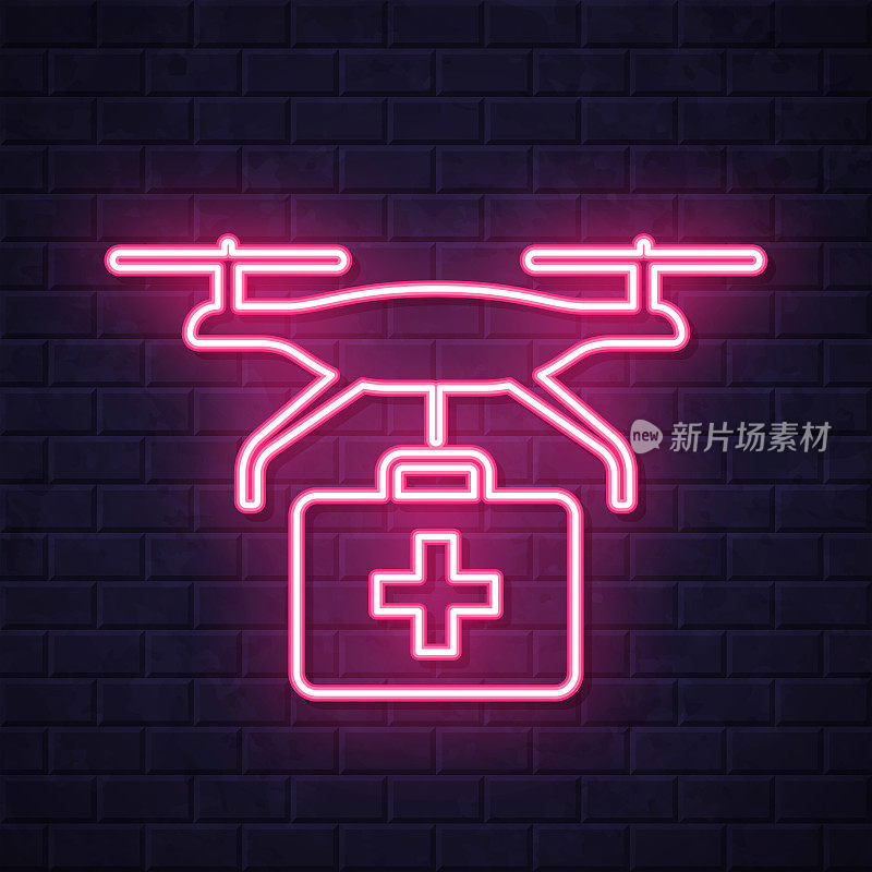 带急救箱的医疗无人机在砖墙背景上发光的霓虹灯图标