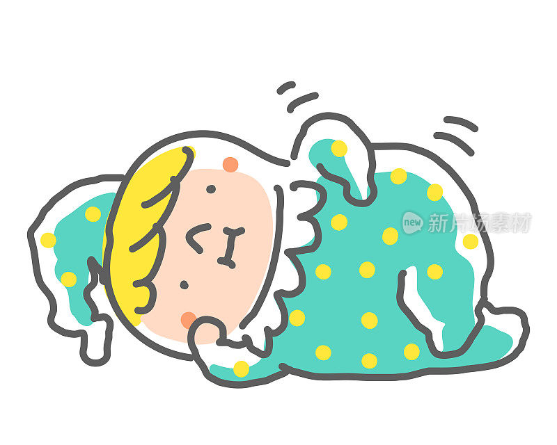手绘线条艺术:一个穿着睡衣或表演服装的可爱男孩懒洋洋地侧卧在地上