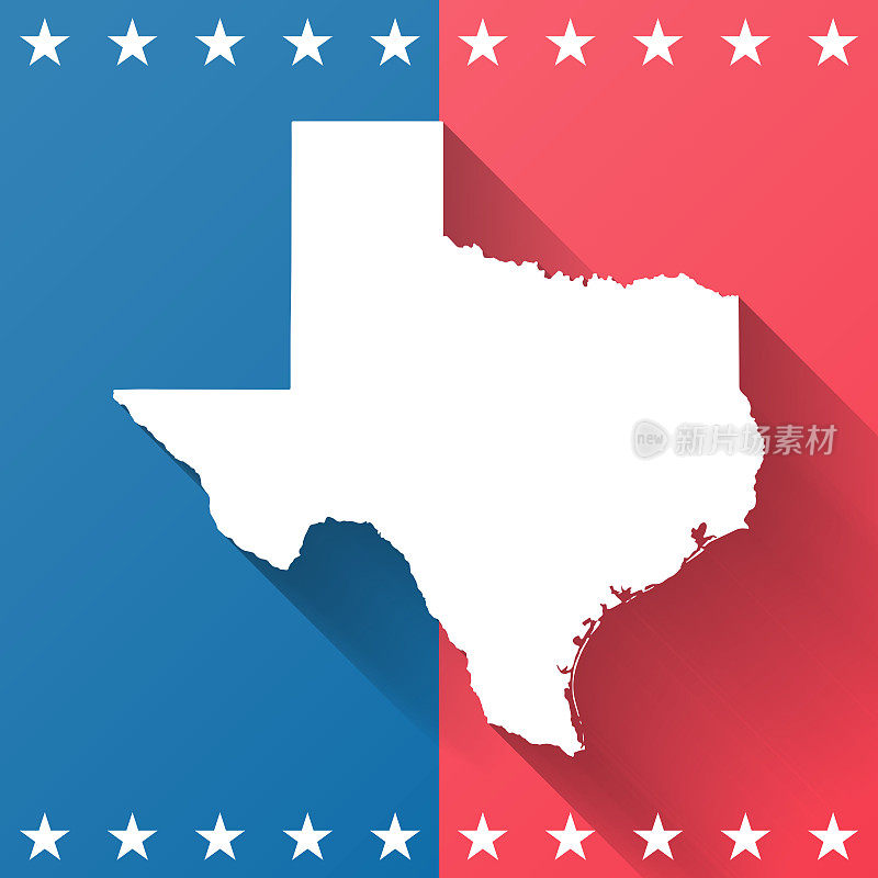 德克萨斯州。地图在蓝色和红色的背景