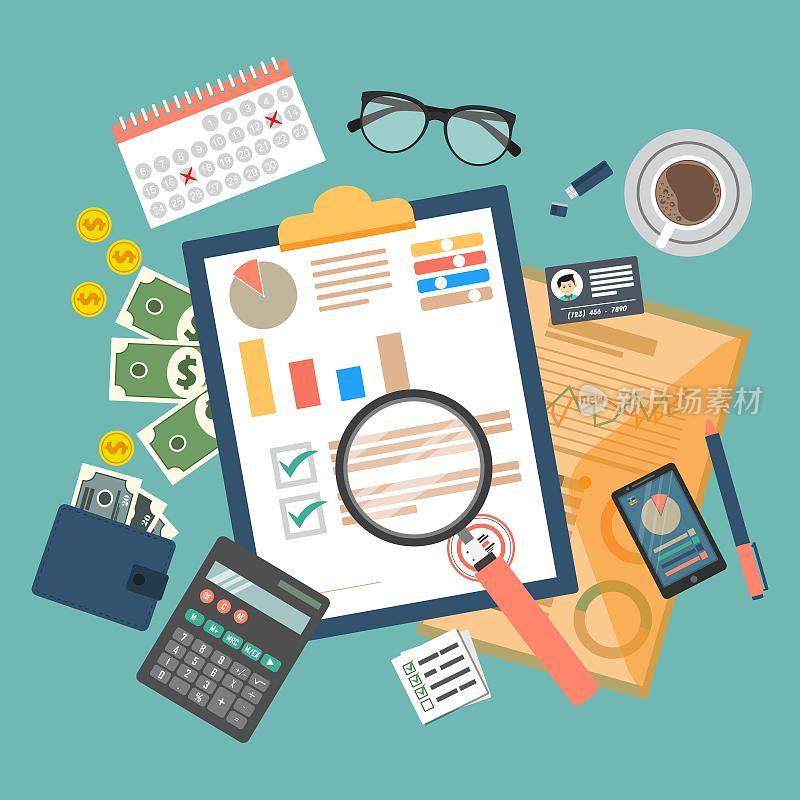审计概念矢量图。税的过程。商业背景。平面设计分析、数据、会计、计划、管理、研究、计算、报告、项目管理。