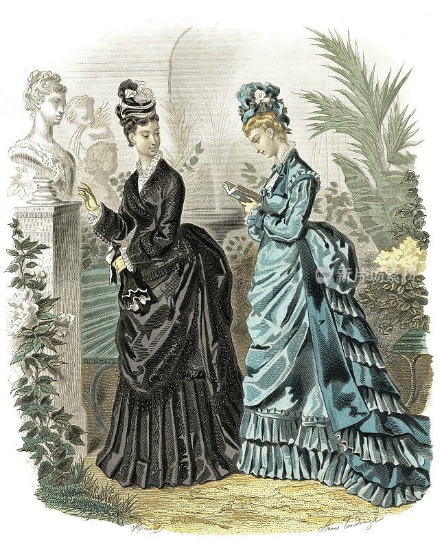 黑色罗缎连衣裙-塔夫绸羊毛和丝绸连衣裙在浅蓝色。优雅时尚1874