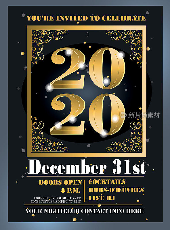 2020年新年快乐派对邀请设计模板在金属黄金与闪光