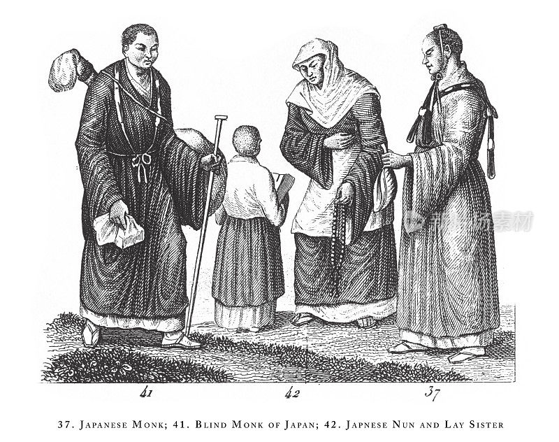 日本和尚、日本盲和尚、日本尼姑和居士、雕刻古玩、远东雕刻古玩插图的仪式和宗教人物及用具，1851年出版