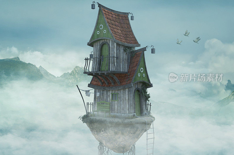 天空的房子。一个漂浮的岛屿与天空中的房子和山在背景的幻想图像，3d渲染。