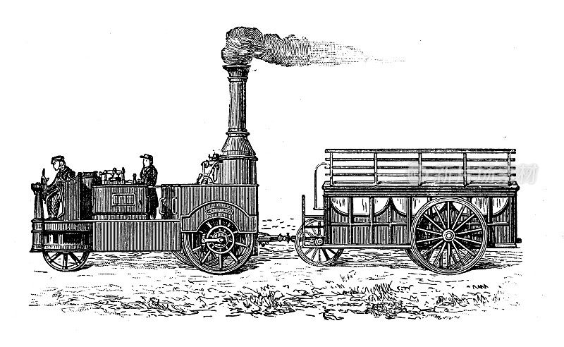 科学发现、实验和发明的古董插图:蒸汽动力车辆