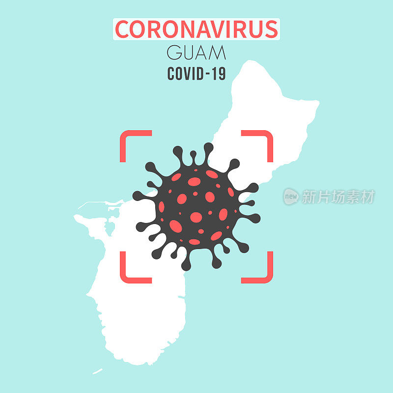 关岛地图，红色取景器中有冠状病毒细胞(COVID-19)