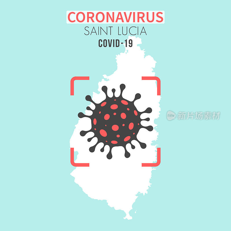 圣卢西亚地图，红色取景器中有冠状病毒(COVID-19)细胞