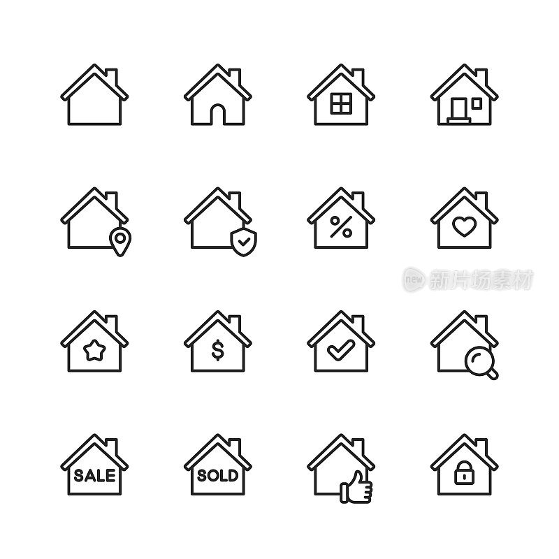 家线图标。可编辑的中风。像素完美。移动和网络。包含如家，房子，房地产，家庭，房地产代理，投资，住宅建筑，城市，公寓等图标。