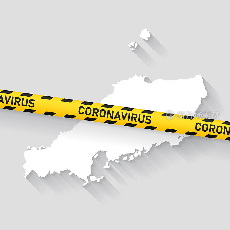 带冠状病毒警告胶带的Chugoku地图。Covid-19爆发