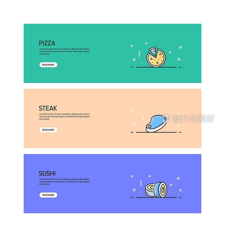 餐厅，食品和饮料相关的现代线条风格网页横幅矢量插图