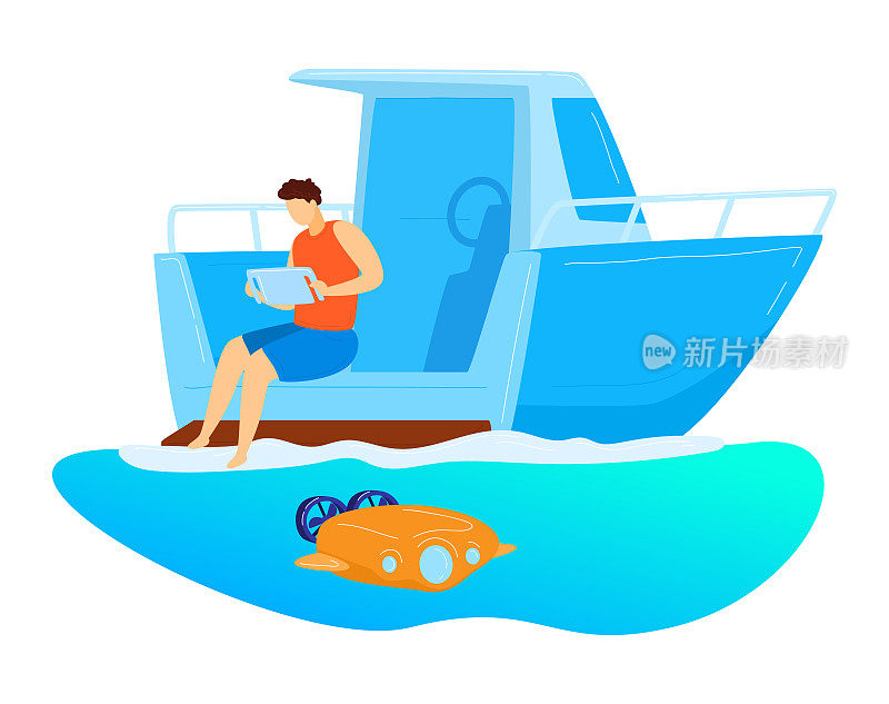 男坐游艇，遥控水下无人机，人物男研究海底孤立在白色，卡通矢量插图。
