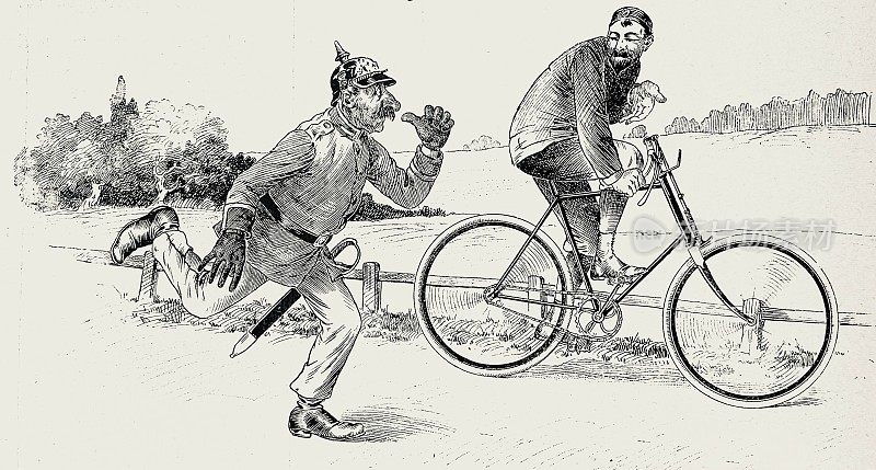 警察跑着试图阻止一个骑自行车的人