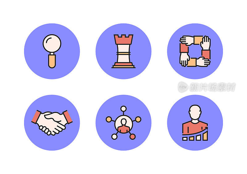 核心价值相关的平面线图标，轮廓向量符号插图。