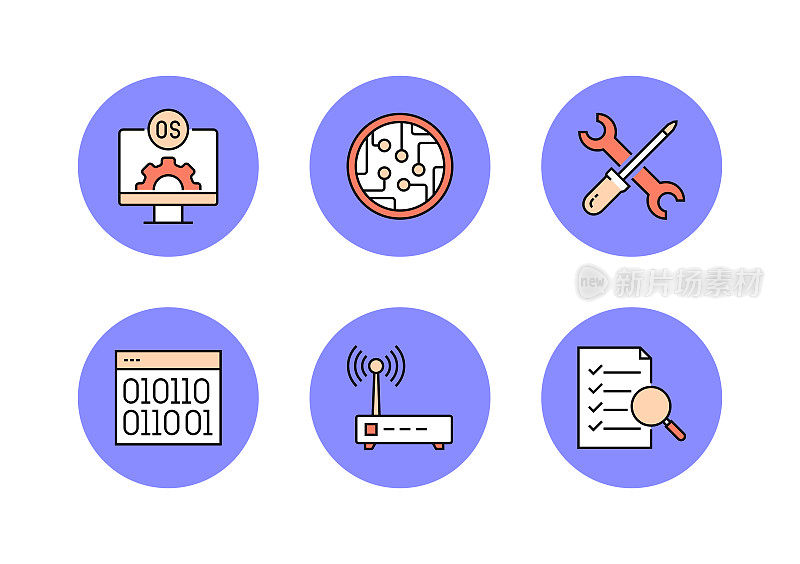 机器人工程相关的平面线图标,轮廓向量符号插图。