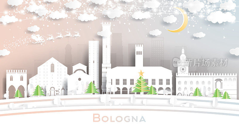 意大利博洛尼亚城市天际线剪纸风格的雪花，月亮和霓虹灯花环。