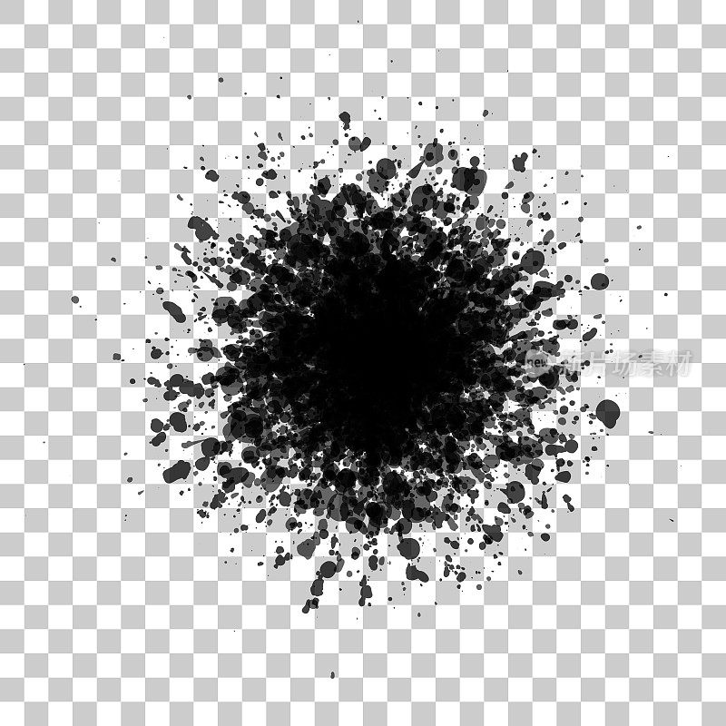 黑色墨水飞溅在由单个粒子形成的格子背景上。