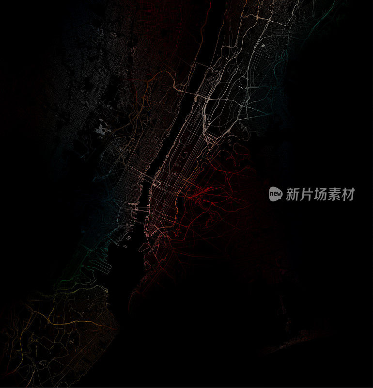 黑暗风格的地图设计，俯瞰纽约市