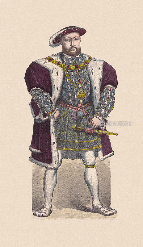 英国亨利八世(1491-1547)，手工着色木刻，约1880年出版