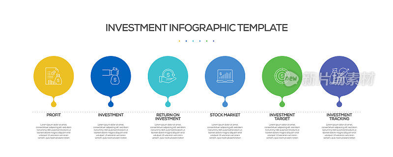 投资相关流程信息图表模板。过程时间图。带有线性图标的工作流布局