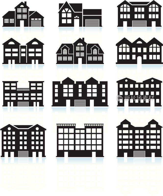 房子和公寓建筑黑白矢量图标设置