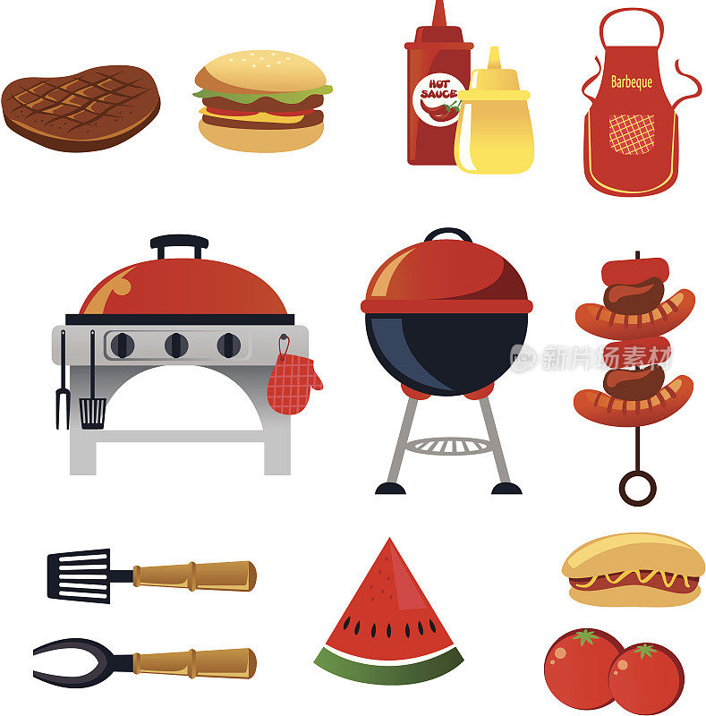 9个主要的红色烧烤图标在白色背景上