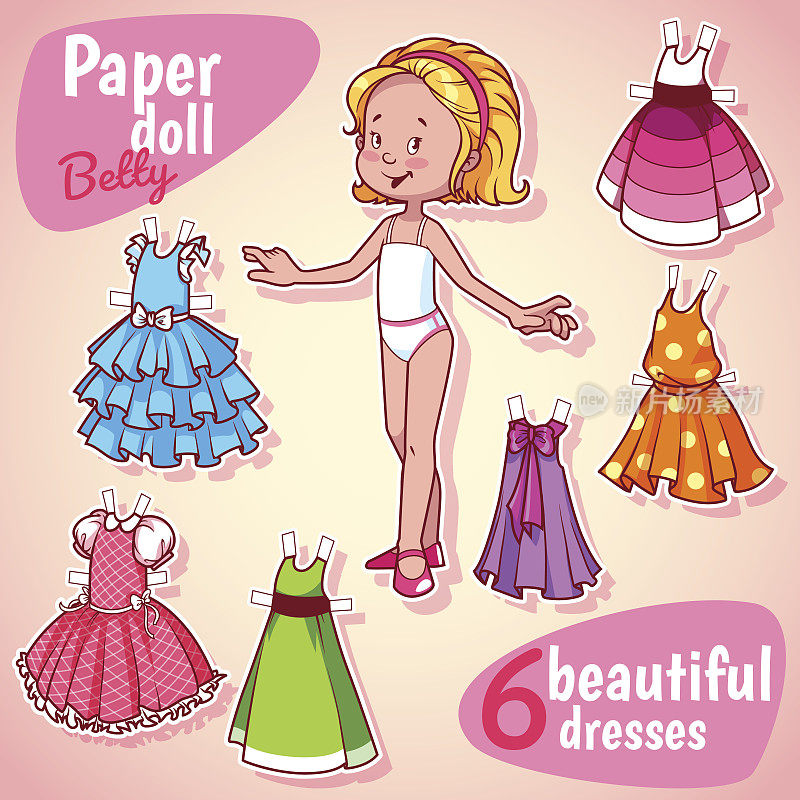 非常可爱的纸娃娃有六件漂亮的裙子。金发碧眼的女孩。