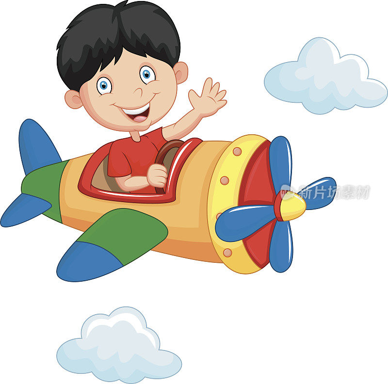 卡通男孩坐飞机
