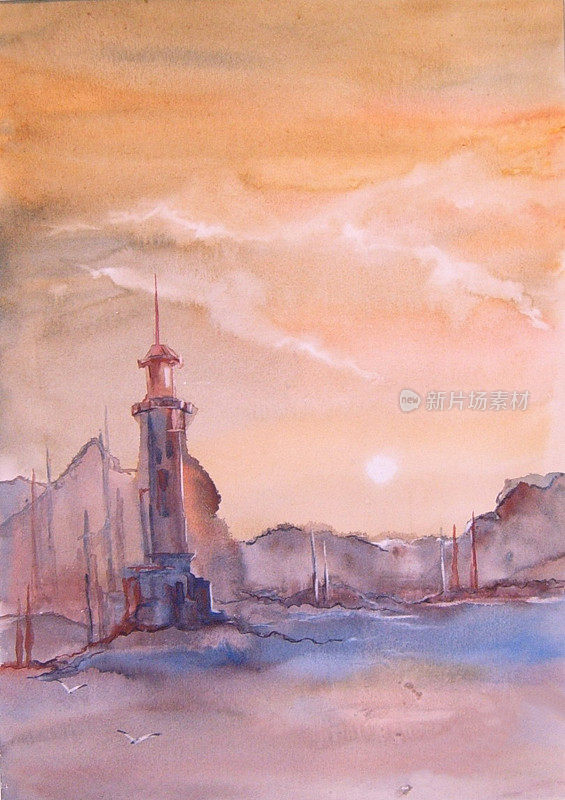 灯塔在海上水彩画