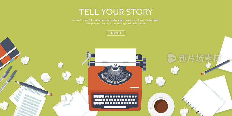 矢量插图。平的打字。告诉你的故事。作者。写博客
