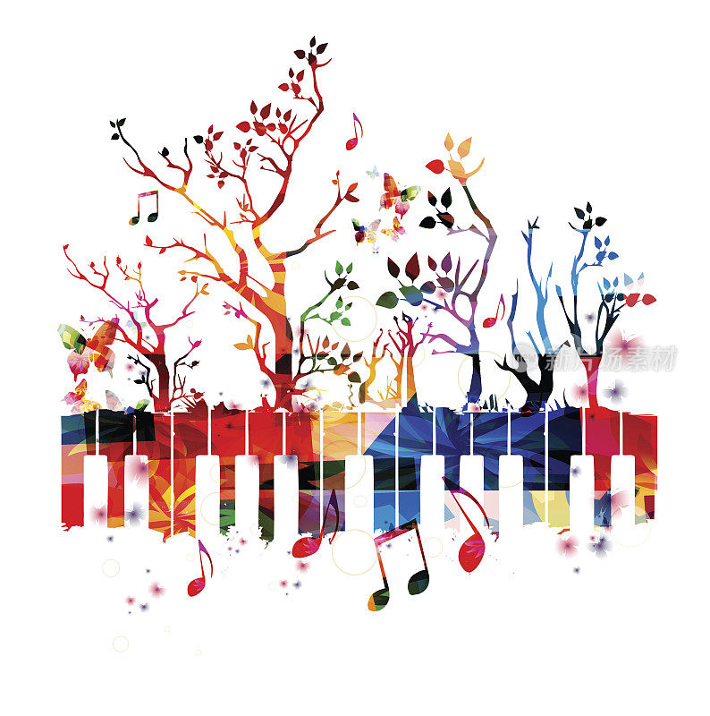 彩色钢琴键盘与树木和音乐音符