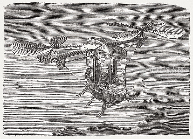 由蒸汽机驱动的飞行器，木版画，1875年出版