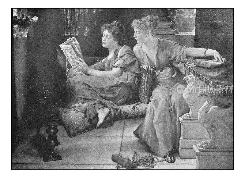 古董点印绘画照片:两个女人在看书