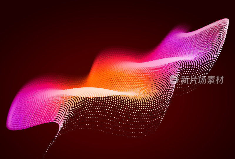 抽象的彩色数字景观与流动的粒子。网络或技术背景。红色，粉色，橙色。