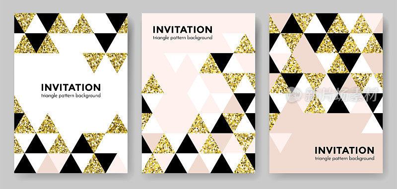 抽象几何金色图案背景为邀请卡设计模板的方形和三角形现代时尚的金色元素。矢量几何背景或金色闪光纹理海报背景