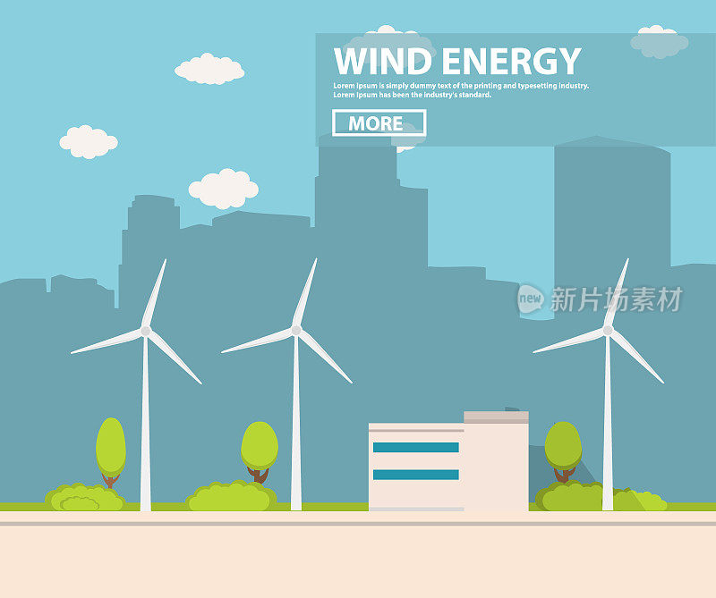 平面风格的风力发电机景观。信息图设计元素。替代动力工程能源技术。