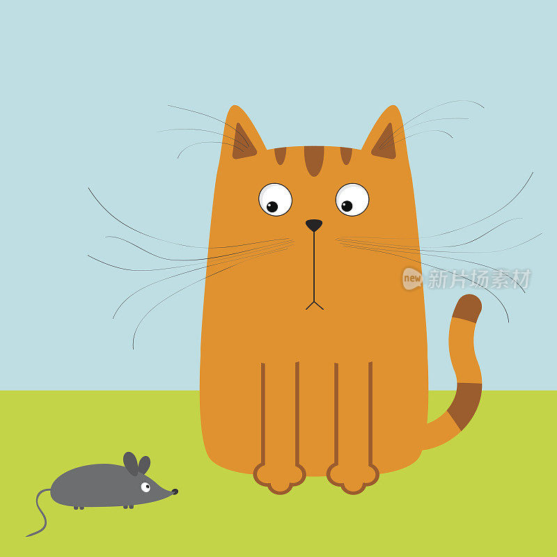 可爱的橙色卡通猫看着老鼠。大晶须。天空和草地。