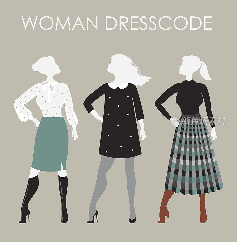 女人着装代码矢量插图。穿着不同服装的女人